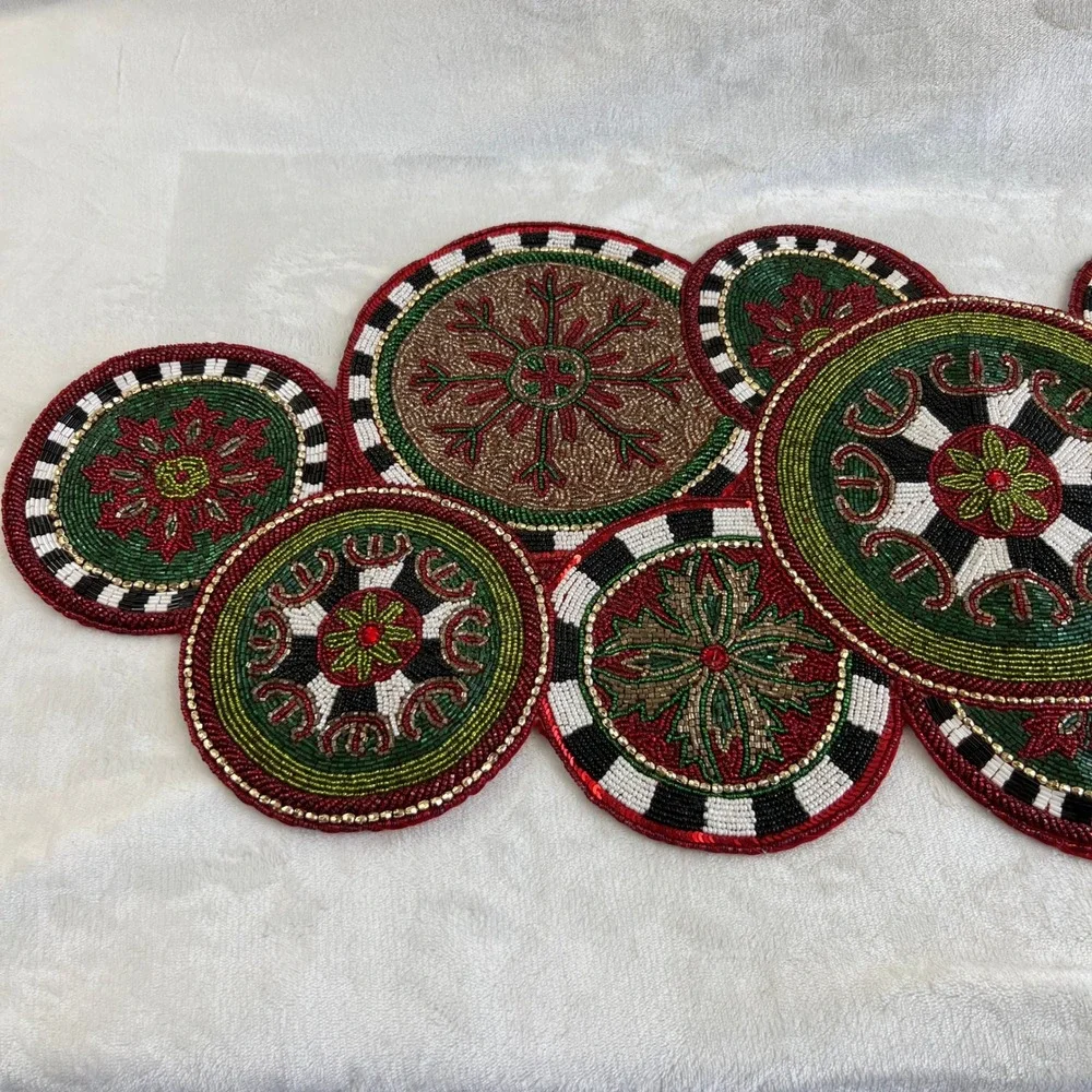 Mackenzie-Childs Beaded Medallion Table Runner Red Green Holiday Christmas Decor